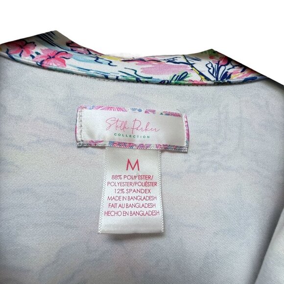 STELLA PARKER Polo Top Medium Pink Palms Print Short Sleeve Stretch Jersey Golf - Picture 6 of 9